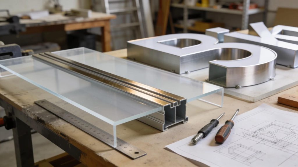 Durable materials for channel letter signs including acrylic and aluminum, highlighting their long-lasting nature and cost-effectiveness.
